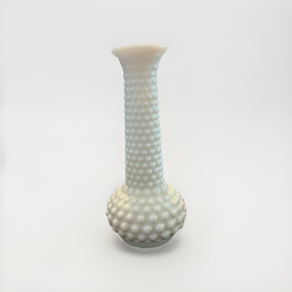 Vintage 1950’s E.O. Brody Co. White Milk Glass Hobnail Bud Vase 7.5” MCM